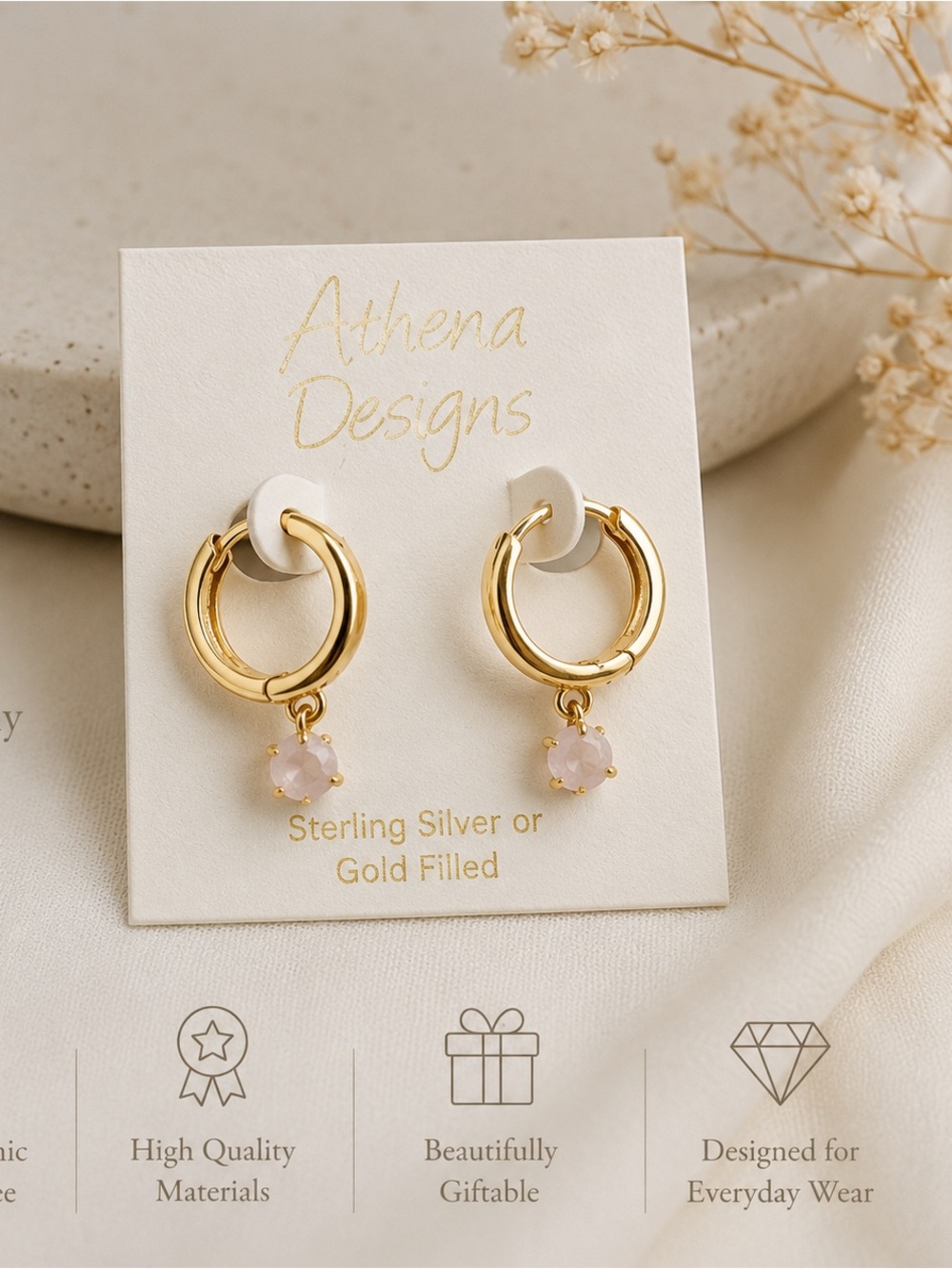 Gold Hoop Earrings with Pink Quartz Drop